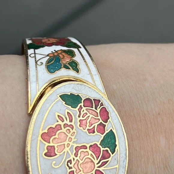 Vintage Cloisonné Rose Flower Bangle Bracelet - Picture 3 of 5